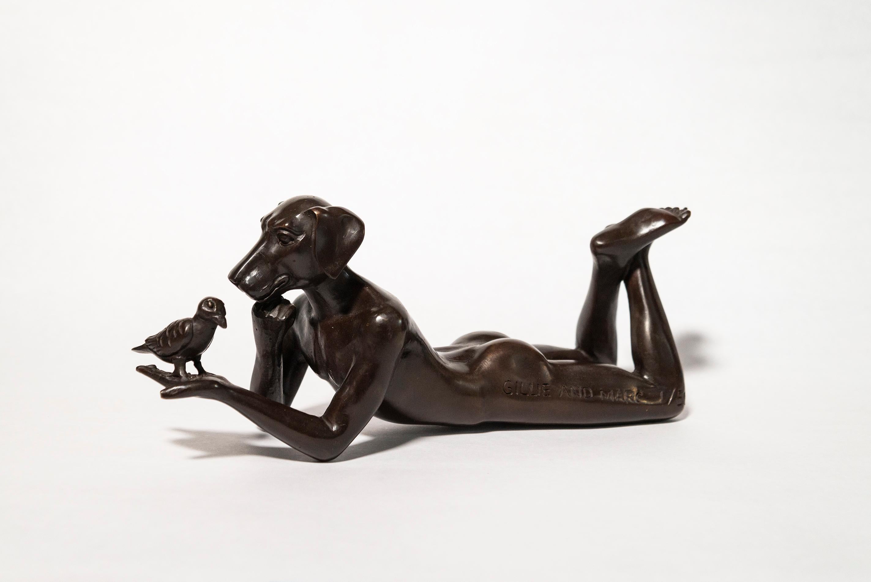 Gillie and Marc Schattner Figurative Sculpture - Dogman thought a bird in the hand is always better 1/50 - bronze sculpture