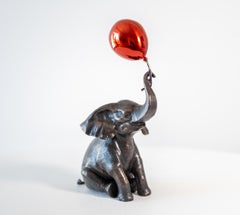 Elephant Makes a Wish with Red Balloon - sculpture, figurative, bronze