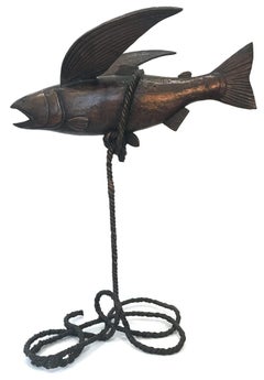 "Flying Fish" Bronze Wildlife Rope Suspended Sculpture with Deep Bronze Patina