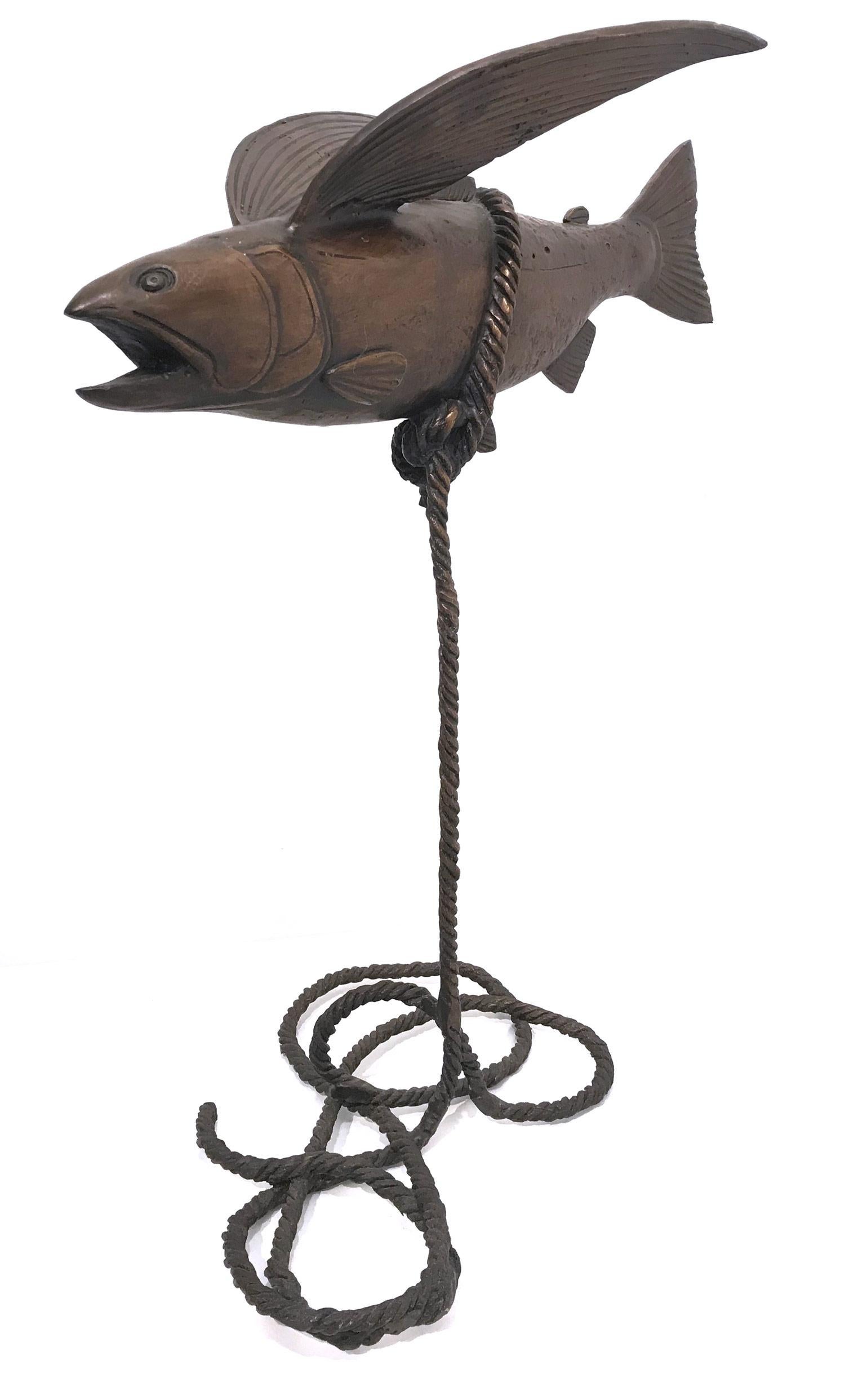 Gillie and Marc Schattner Figurative Sculpture - "Flying Fish" Bronze Wildlife Rope Suspended Sculpture with Deep Bronze Patina