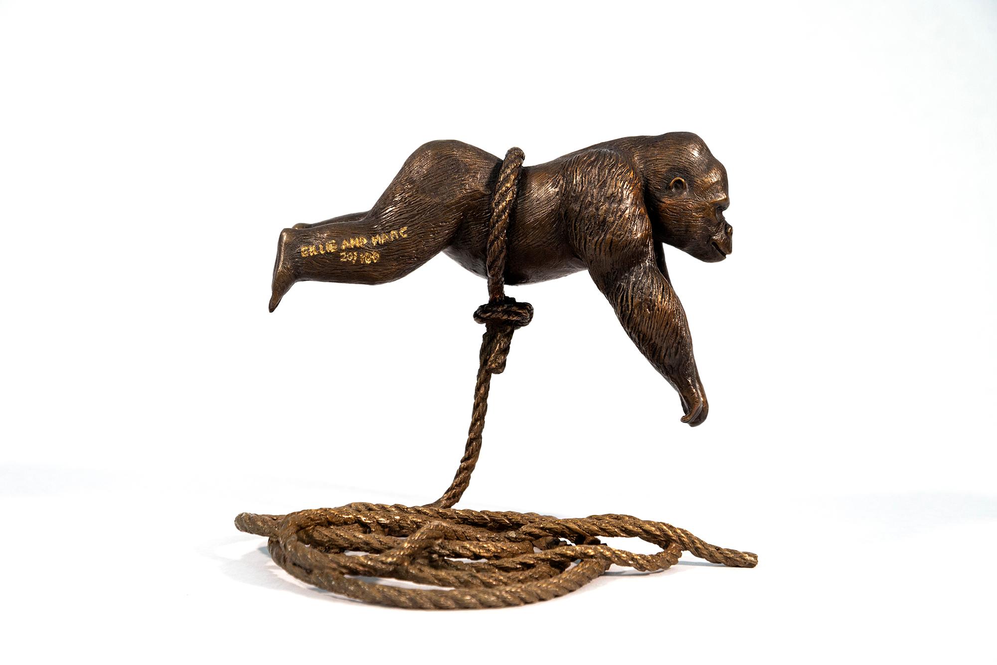 Flying Gorilla on rope 20/100 - contemporary, figurative, bronze sculpture - Sculpture by Gillie and Marc Schattner