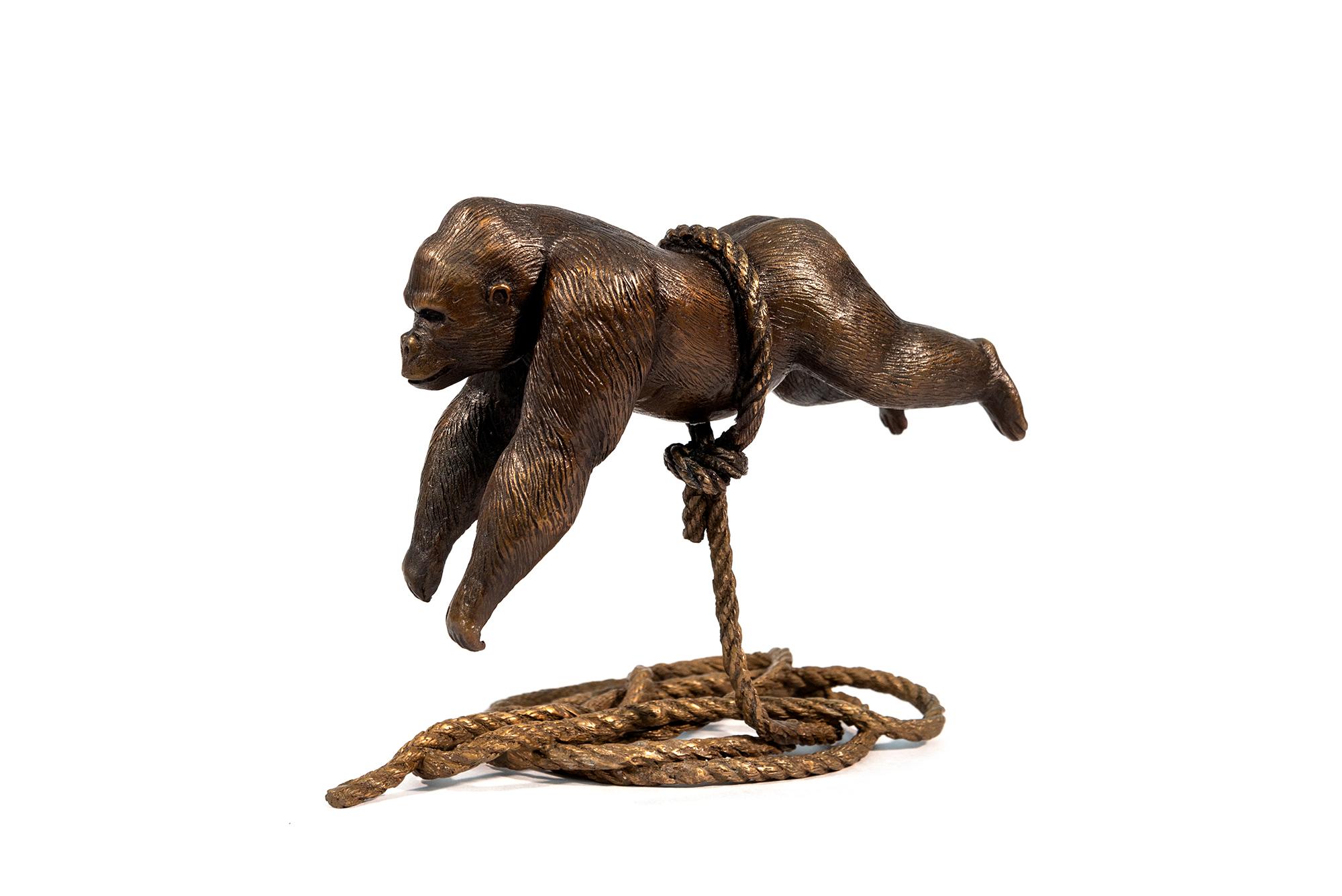Flying Gorilla on rope 20/100 - contemporary, figurative, bronze sculpture - Gold Figurative Sculpture by Gillie and Marc Schattner