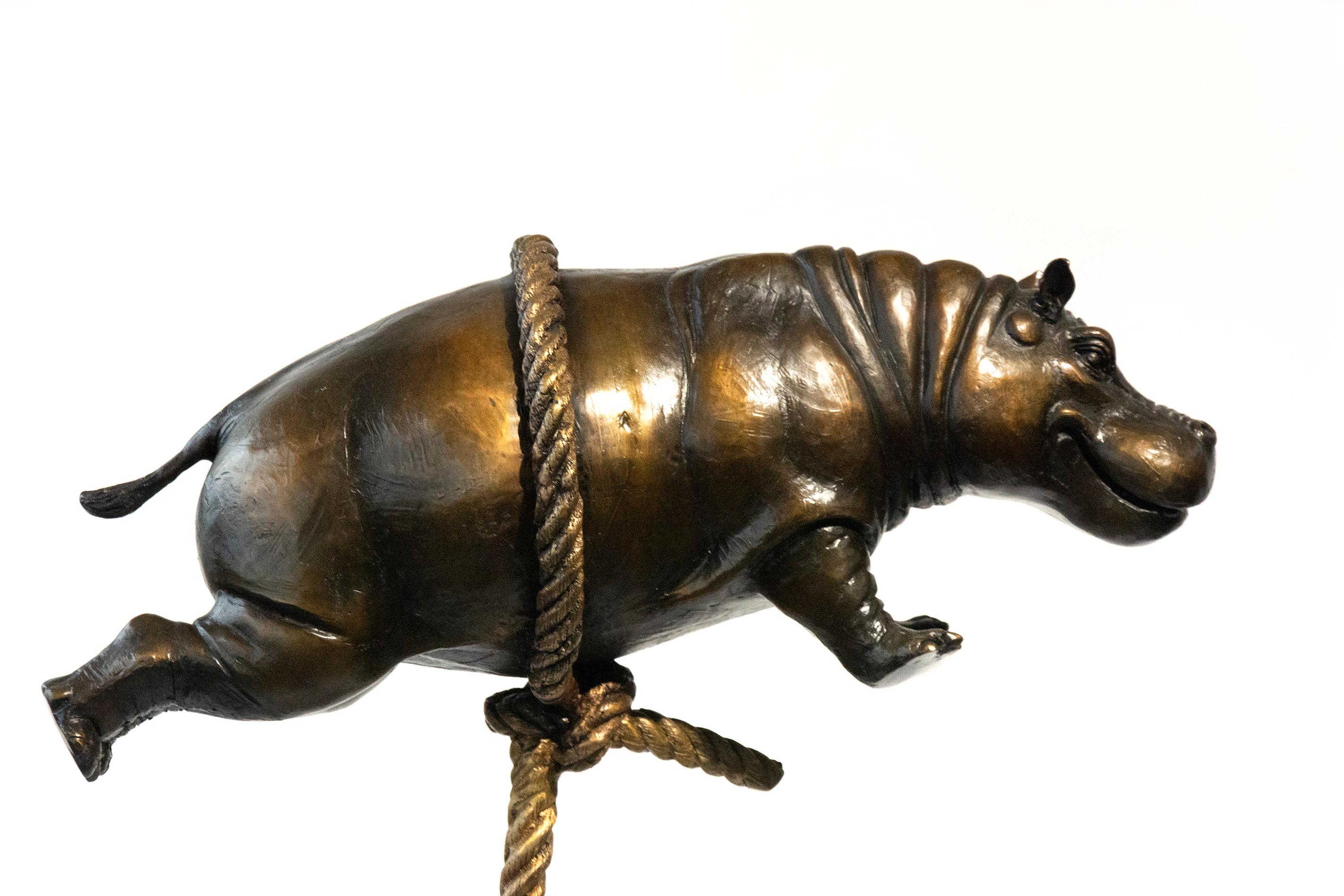 Flying hippo on short rope, AP - Sculpture by Gillie and Marc Schattner