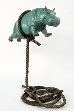 Green Flying Hippo Ed. 7/8 - figurative, playful, contemporary bronze sculpture