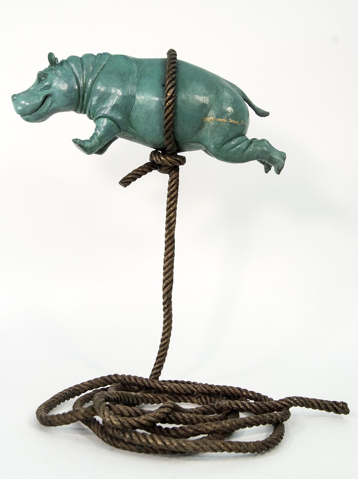 Green Flying Hippo Ed. 7/8 - figurative, playful, contemporary bronze sculpture - Contemporary Sculpture by Gillie and Marc Schattner