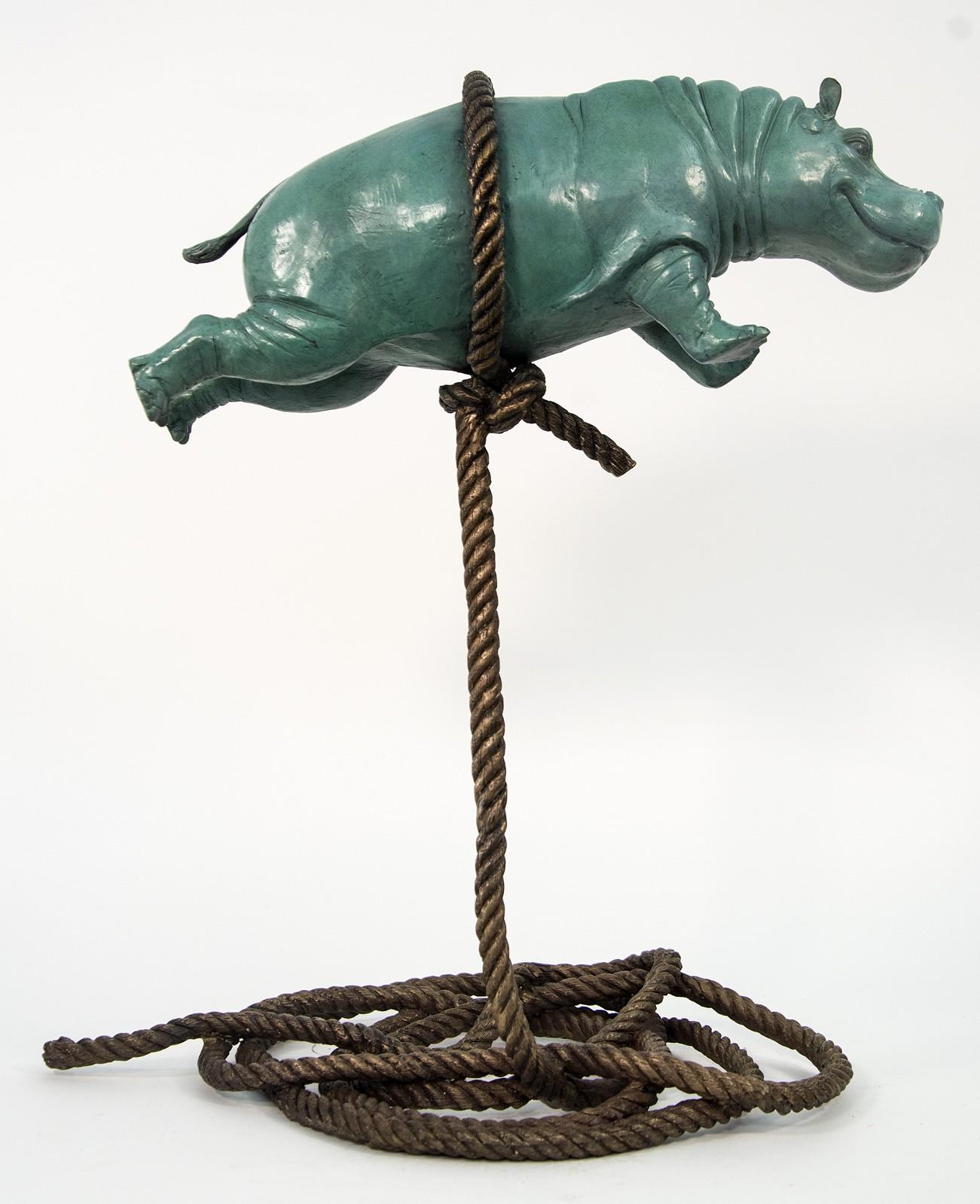 Green Flying Hippo Ed. 7/8 - figurative, playful, contemporary bronze sculpture - Sculpture by Gillie and Marc Schattner