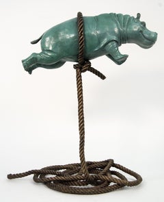 Green Flying Hippo Ed. 7/8 - figurative, playful, contemporary bronze sculpture