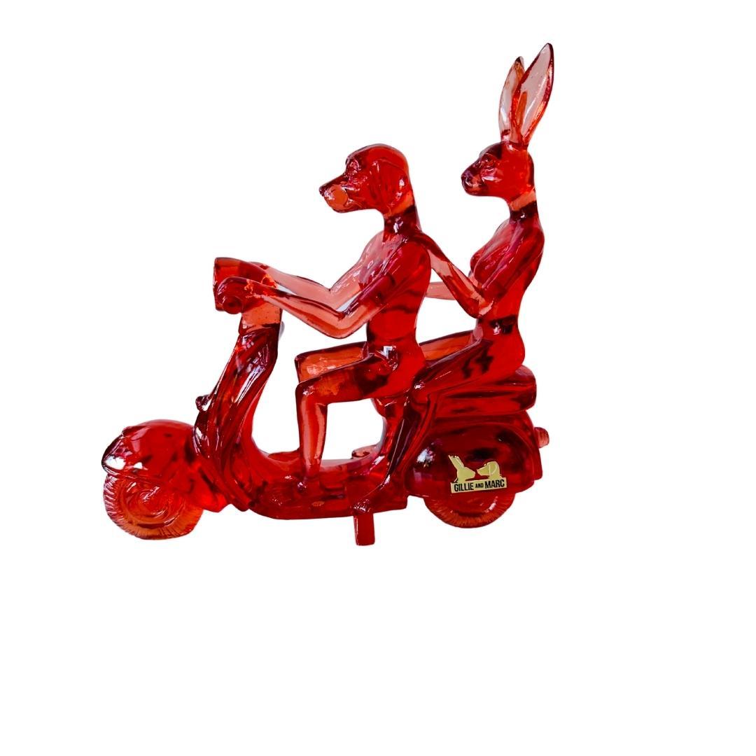Happy Mini Vespa Riders (Ed. 19/100) - Red Figurative Sculpture by Gillie and Marc Schattner