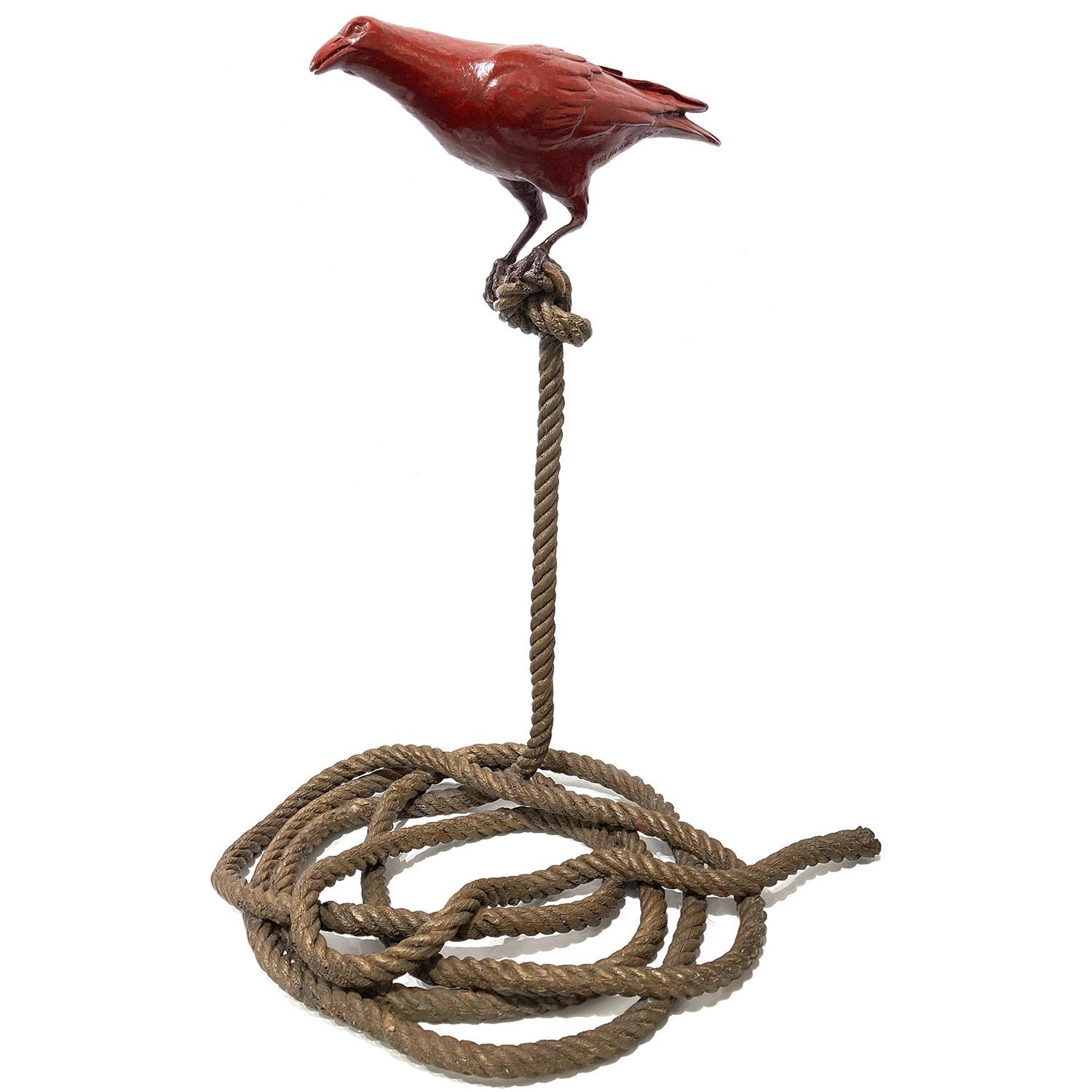 Gillie and Marc Schattner Abstract Sculpture - "Harold, The Magpie on Rope" Bird Bronze Sculpture with Bronze and Red Patina
