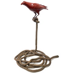 "Harold, The Magpie on Rope" Bird Bronze Sculpture with Bronze and Red Patina