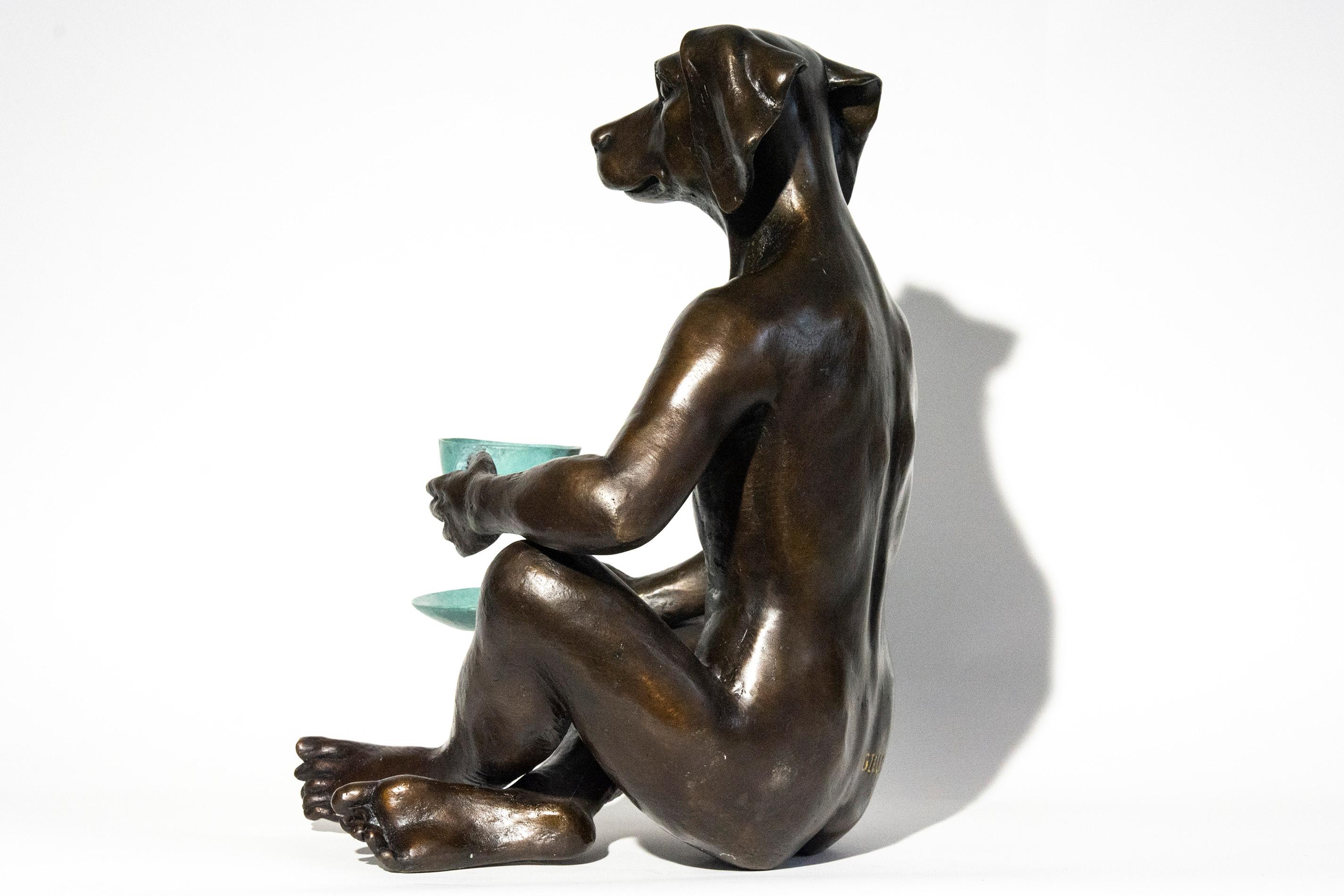 He Looked Into Her Eyes As He Drank His Cappuccino - Gold Figurative Sculpture by Gillie and Marc Schattner
