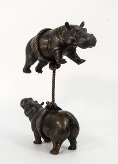 Hippos Support Each Other  - figurative, playful, bronze sculpture