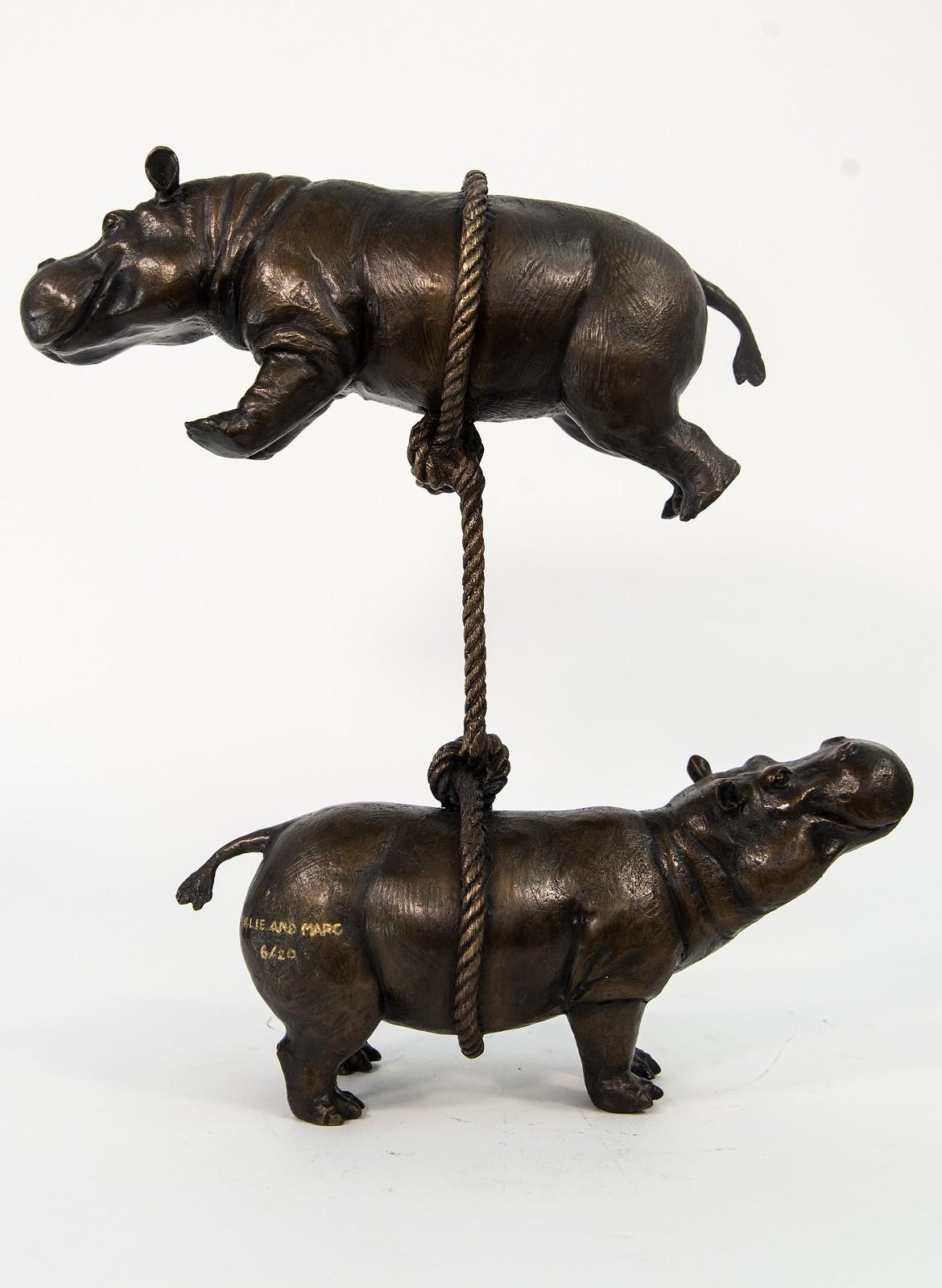 Hippos Support Each Other  - figurative, playful, bronze sculpture - Contemporary Sculpture by Gillie and Marc Schattner