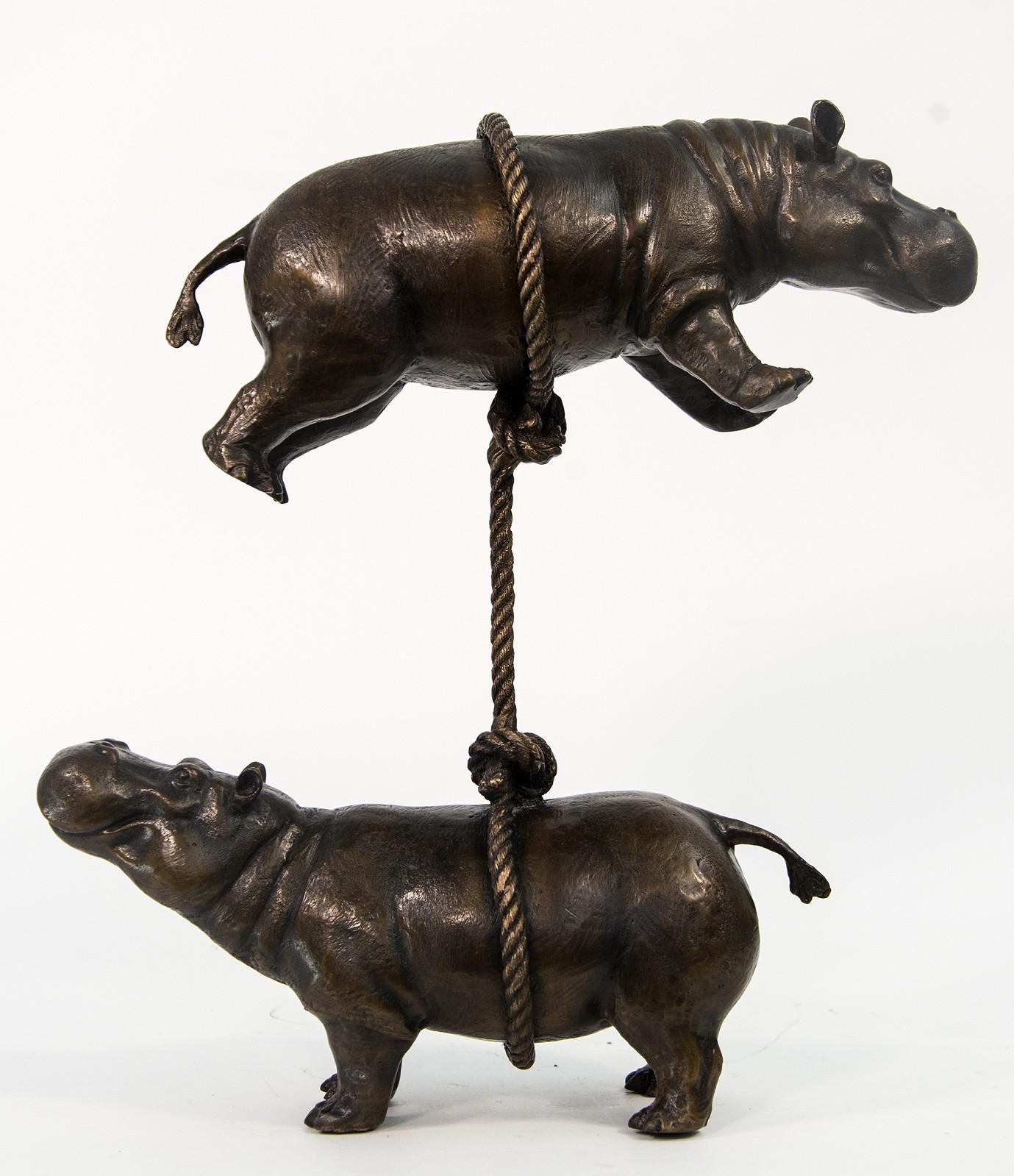 Hippos Support Each Other  - figurative, playful, bronze sculpture - Sculpture by Gillie and Marc Schattner