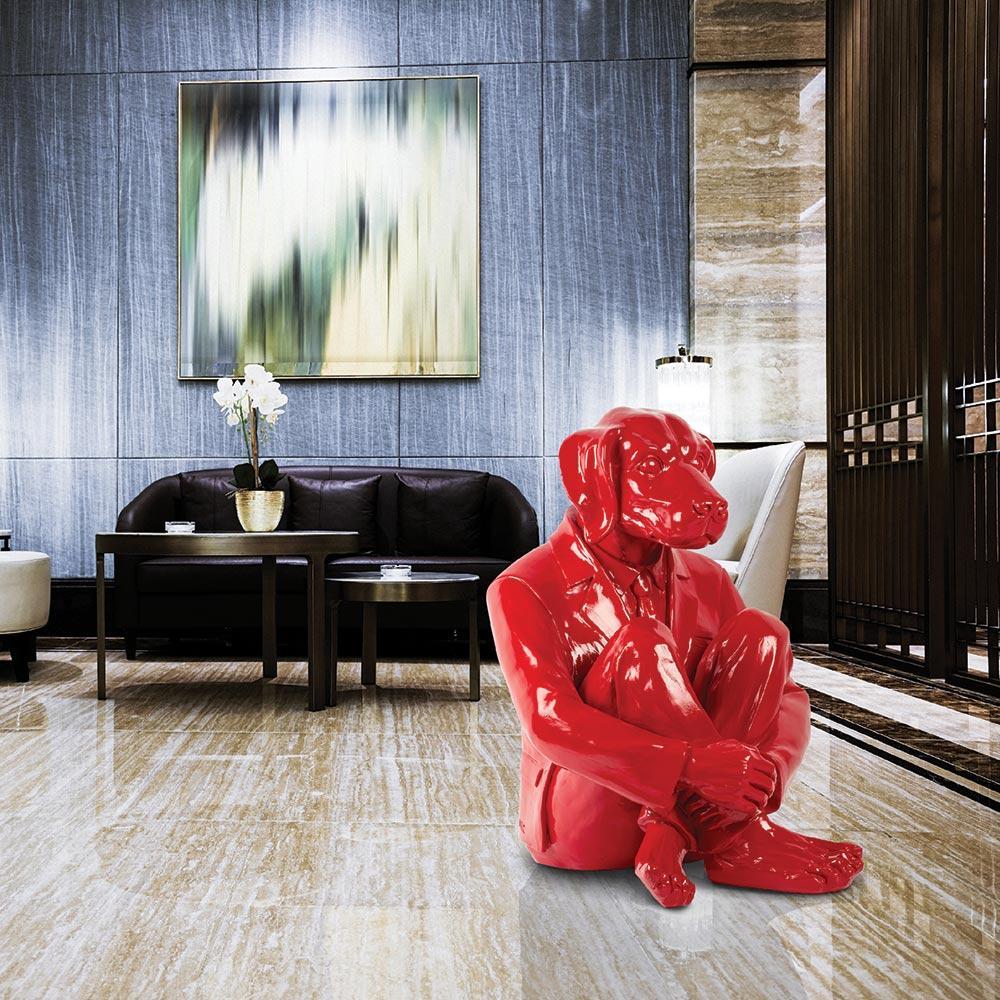 Pop Animal Art - Sculpture - Fibreglass - Gillie and Marc - Dog Man - Suit  Red - Beige Figurative Sculpture by Gillie and Marc Schattner