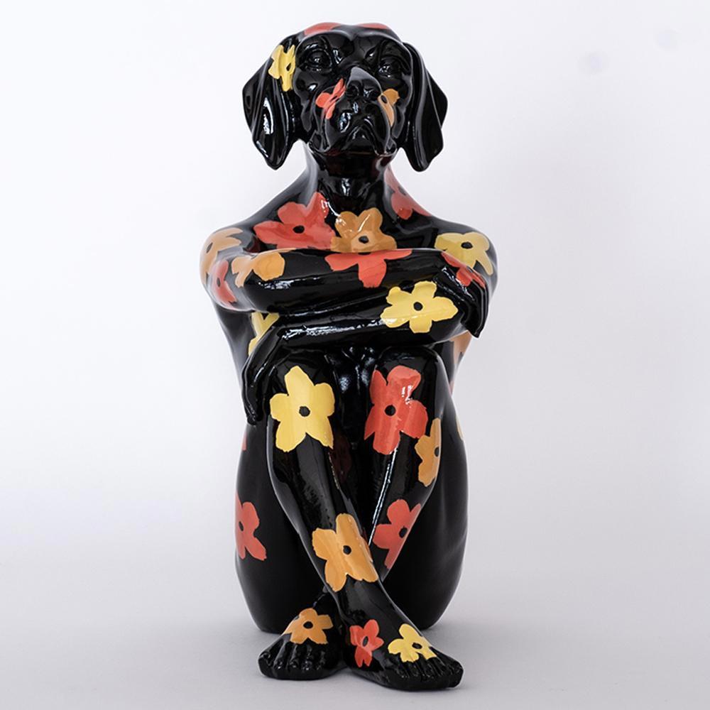 Pop Animal Sculpture - Art - Resin - Gillie and Marc - Black with Flowers - Pup For Sale 1