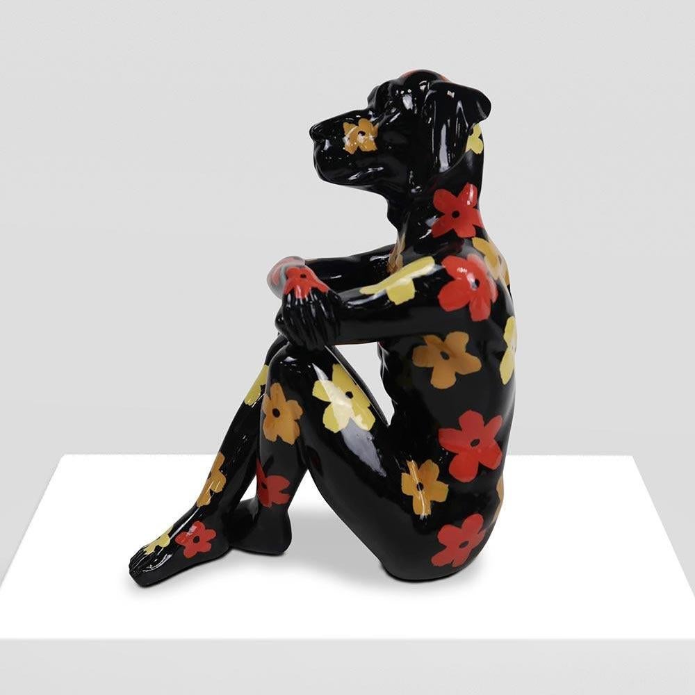 Pop Animal Sculpture - Art - Resin - Gillie and Marc - Black with Flowers - Pup For Sale 2