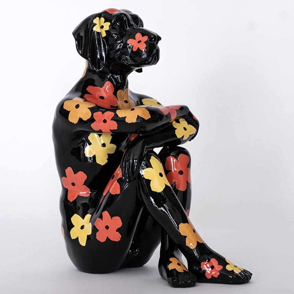 Gillie and Marc Schattner Figurative Sculpture - Pop Animal Sculpture - Art - Resin - Gillie and Marc - Black with Flowers - Pup