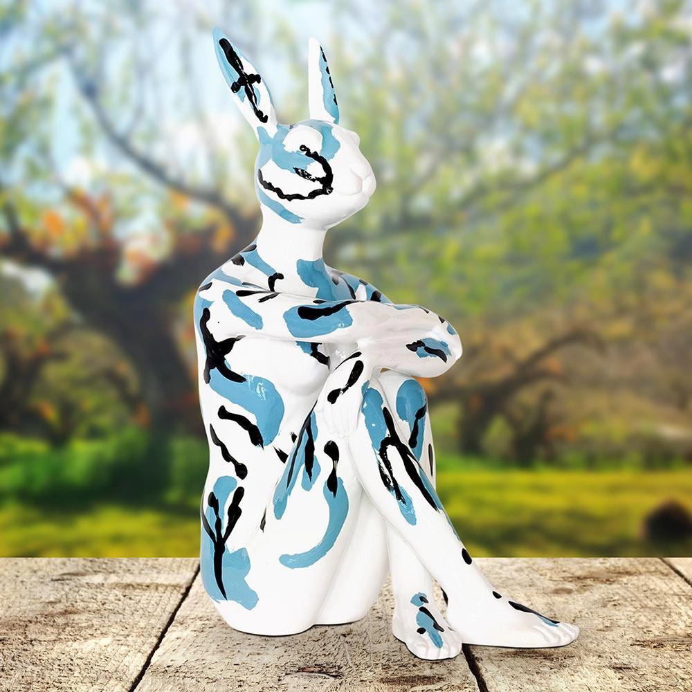 Pop Animal Art - Sculpture - Resin - Gillie and Marc - Blue, Black, White Bunny For Sale 4