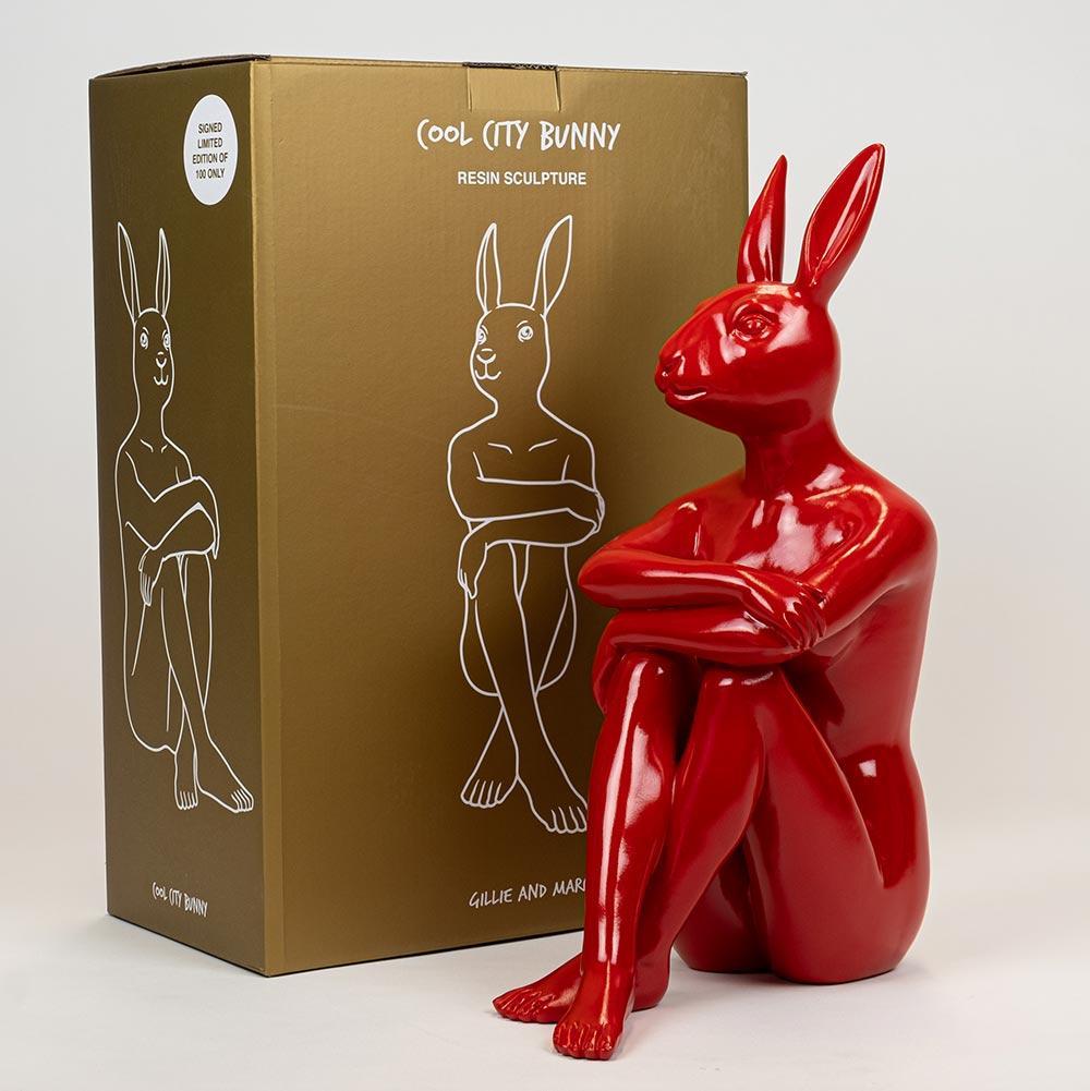 Authentic Limited Ed. Red Resin Cool City Bunny Sculpture, by Gillie and Marc - Mixed Media Art by Gillie and Marc Schattner