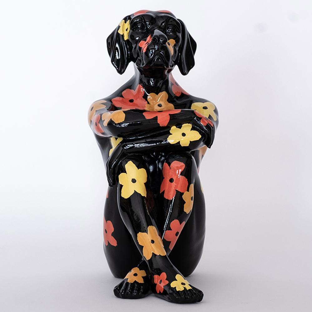 Pop Animal Art - Sculpture - Art - Resin - Gillie and Marc - Flowers - Black Pup For Sale 1