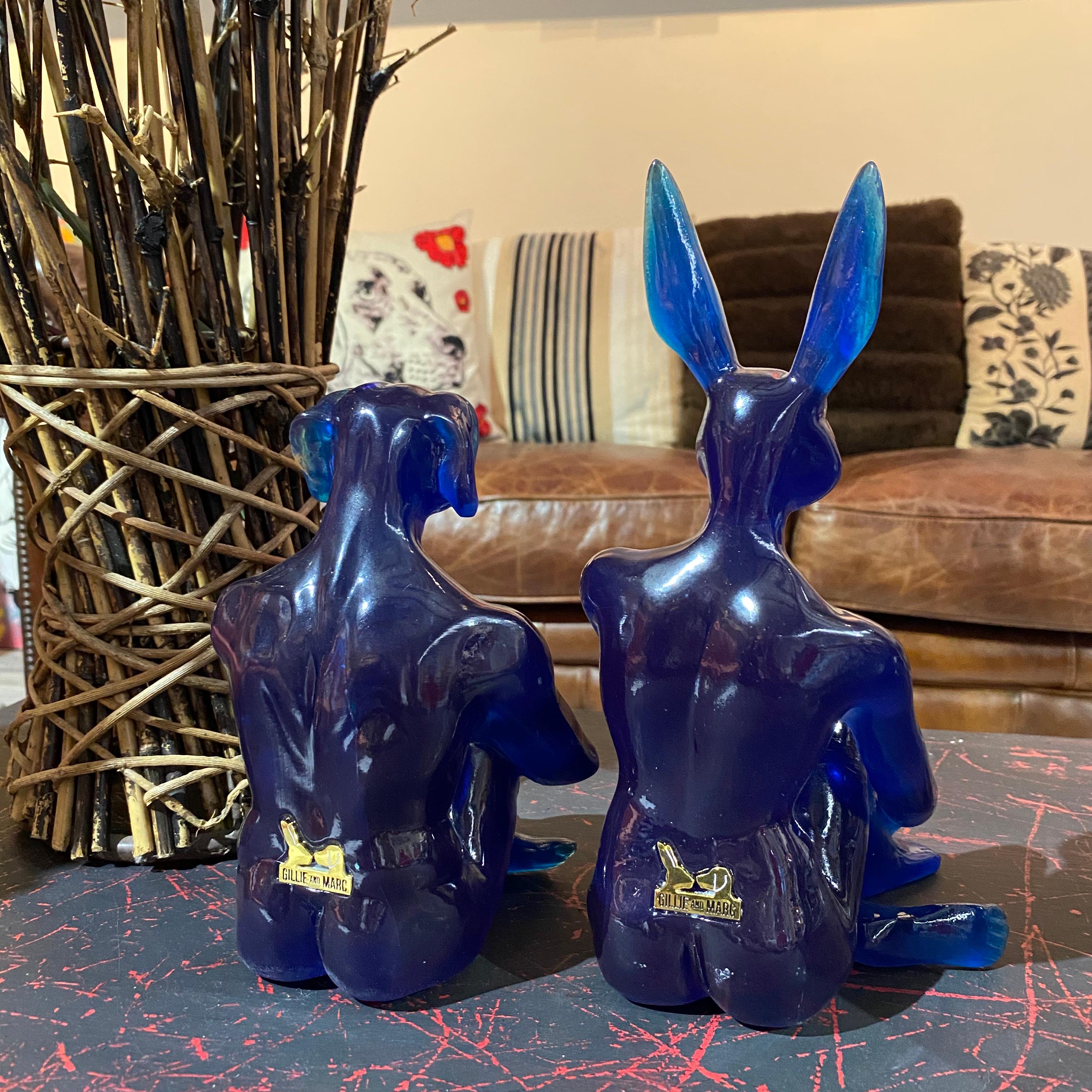 Resin Animal Sculpture - Art - Gillie and Marc - Love - Rabbit - Dog - Blue For Sale 5