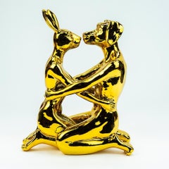 Resin Sculpture - Limited Edition - Gillie and Marc - Kiss - Dog Rabbit - Gold