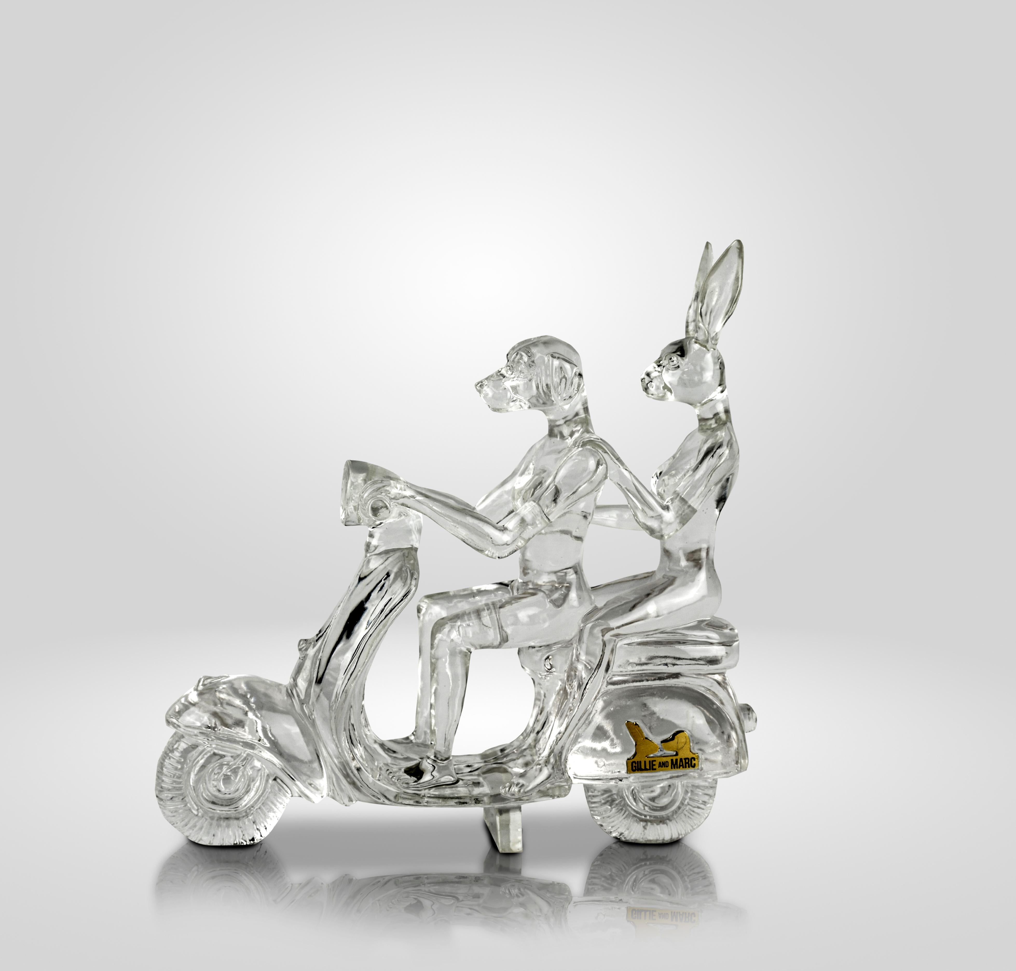 Authentic Clear Resin Lolly happy mini vespa riders Sculpture by Gillie and Marc - Gray Figurative Sculpture by Gillie and Marc Schattner