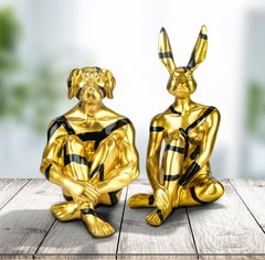 Resin Sculpture - Pop Art - Gillie & Marc - Golden Chic - Mini Rabbit Dog - Set