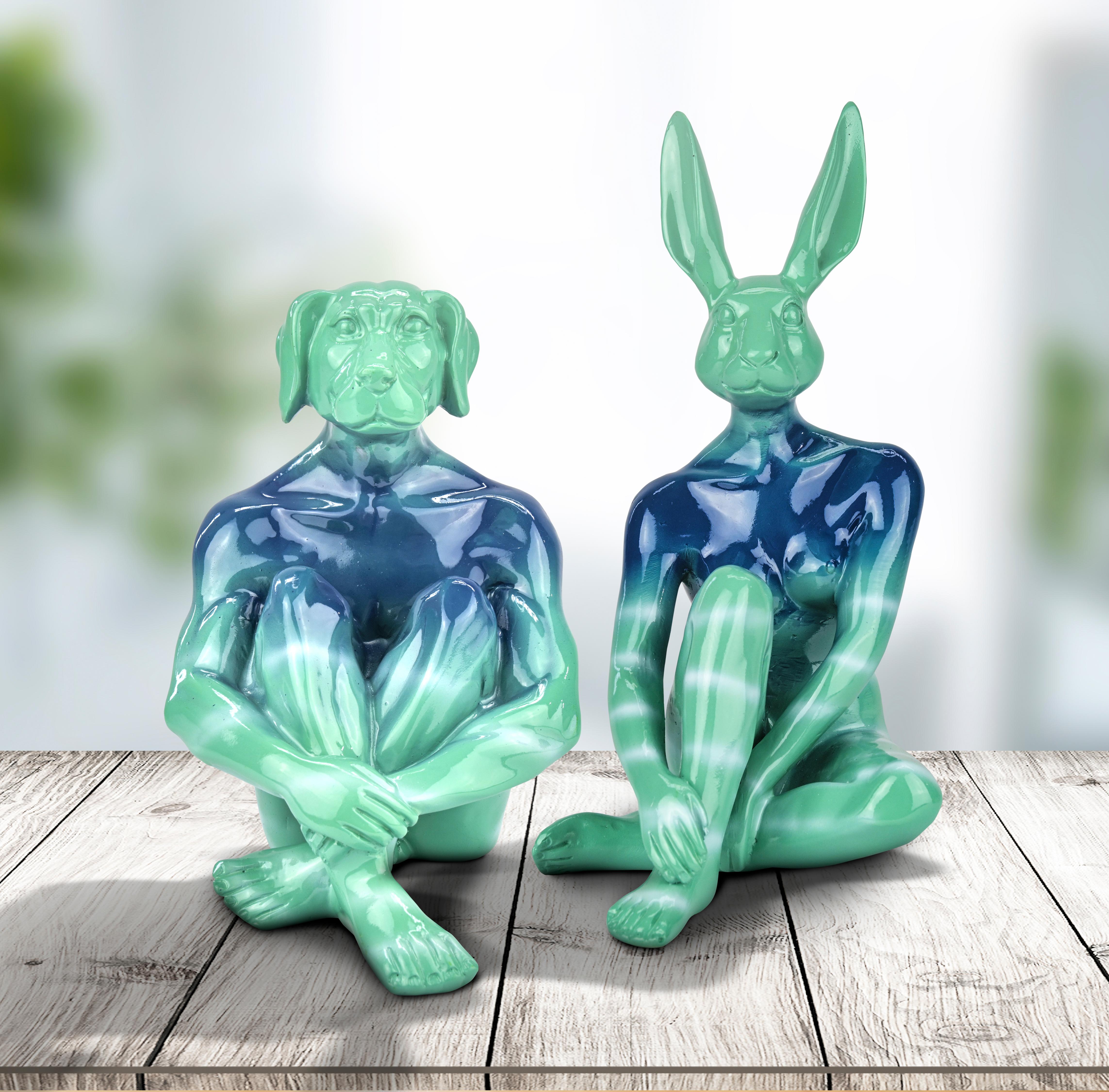 Gillie and Marc Schattner Figurative Sculpture - Resin Animal Sculpture - Pop - Gillie & Marc - Mini Rabbit Dog - Ocean Blue -Set