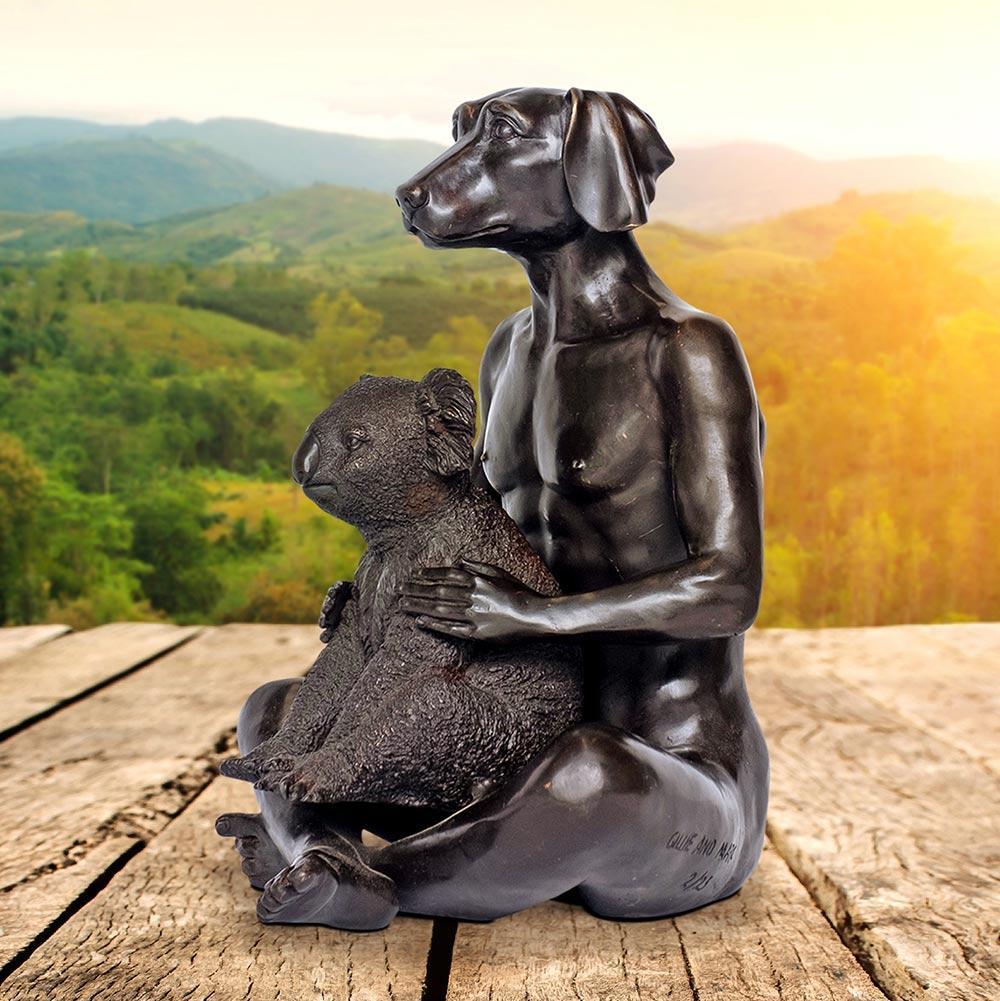 Bronze Animal Sculpture - Art - Gillie and Marc - Dog Man - Nude - Koala - Love - Gold Figurative Sculpture by Gillie and Marc Schattner