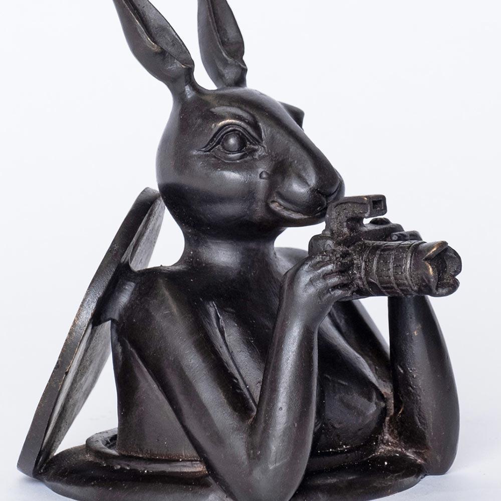 Authentic Bronze Pap Rabbit Comes Out of Manhole Sculpture by Gillie and Marc For Sale 2