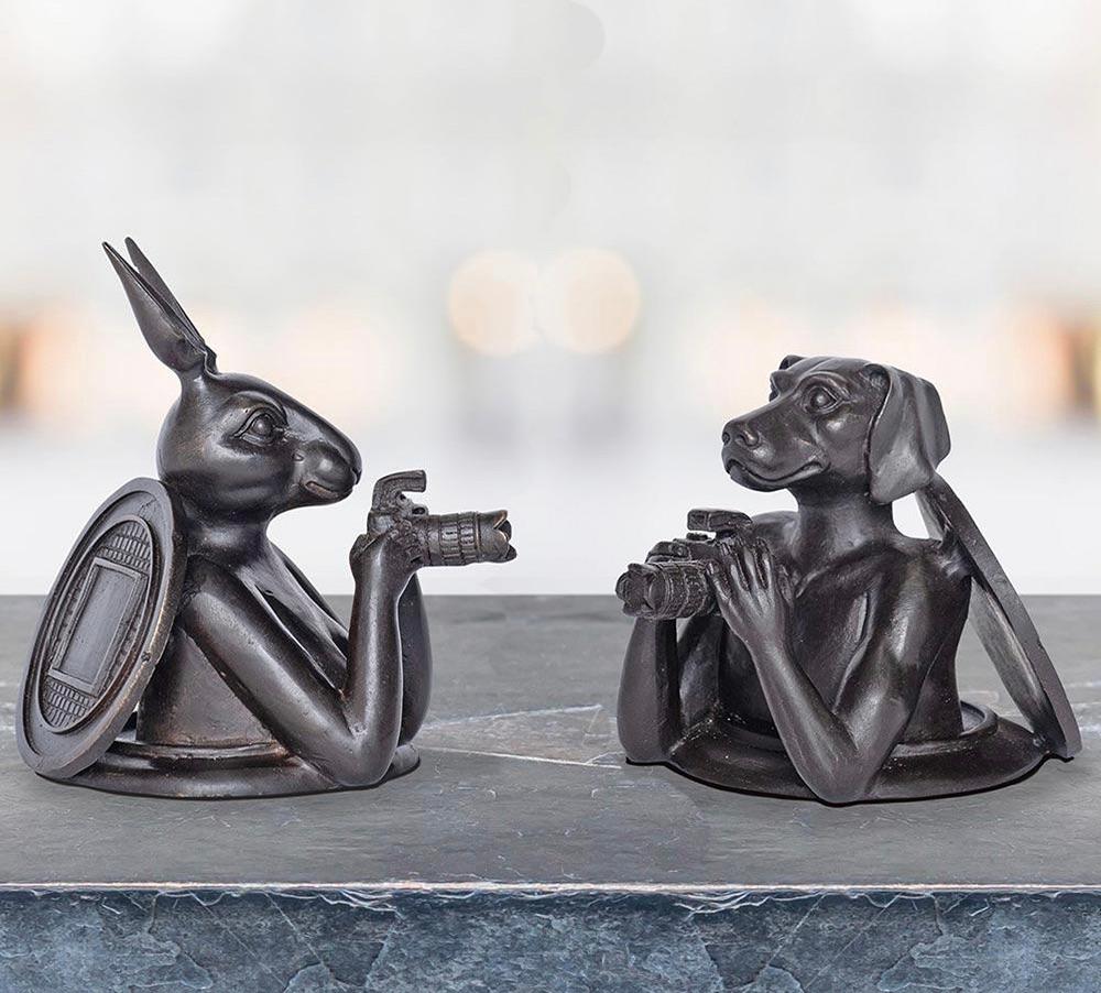 Gillie and Marc Schattner Figurative Sculpture - Animal Sculpture Bronze - Gillie and Marc - Rabbit - Dog - Manhole - Pocket Set