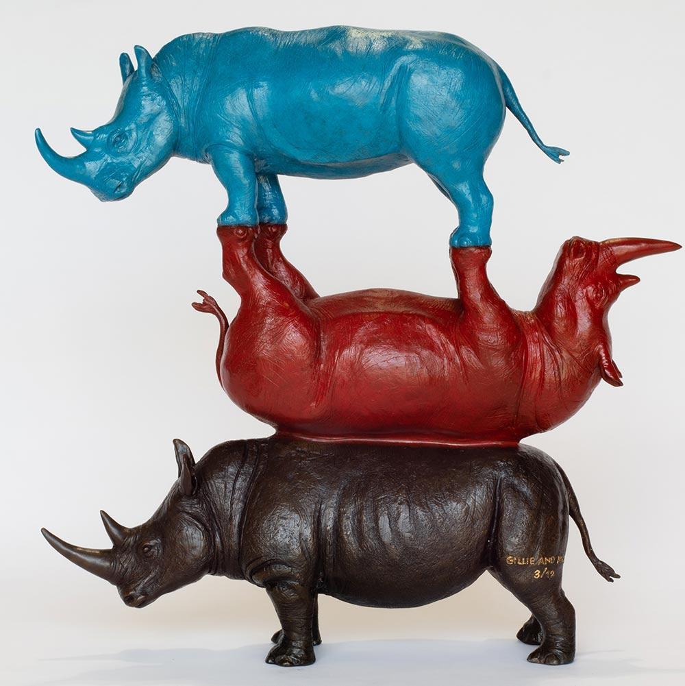 Gillie and Marc Schattner Figurative Sculpture - Animal Sculpture - Bronze - Red Blue - Gillie and Marc - Three Rhino - Wildlife