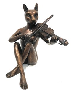 "She Only Played the Songs She Wrote" Cat-woman with Violin Bronze Sculpture