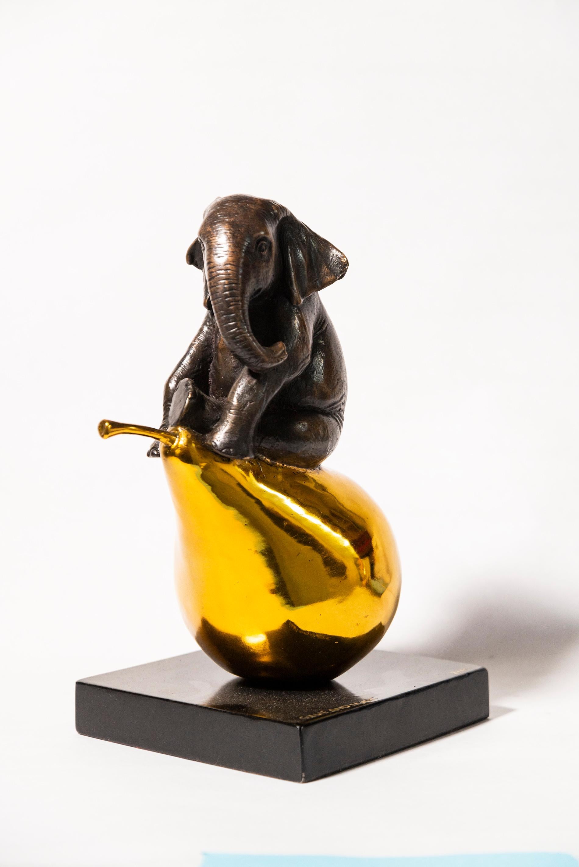 The elephant was just pearfect 2/40 - playful, contemporary, bronze sculpture - Sculpture by Gillie and Marc Schattner