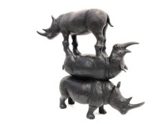 "The Last Three on Earth" Rhinoceros Bronze Sculpture with Deep Bronze Patina