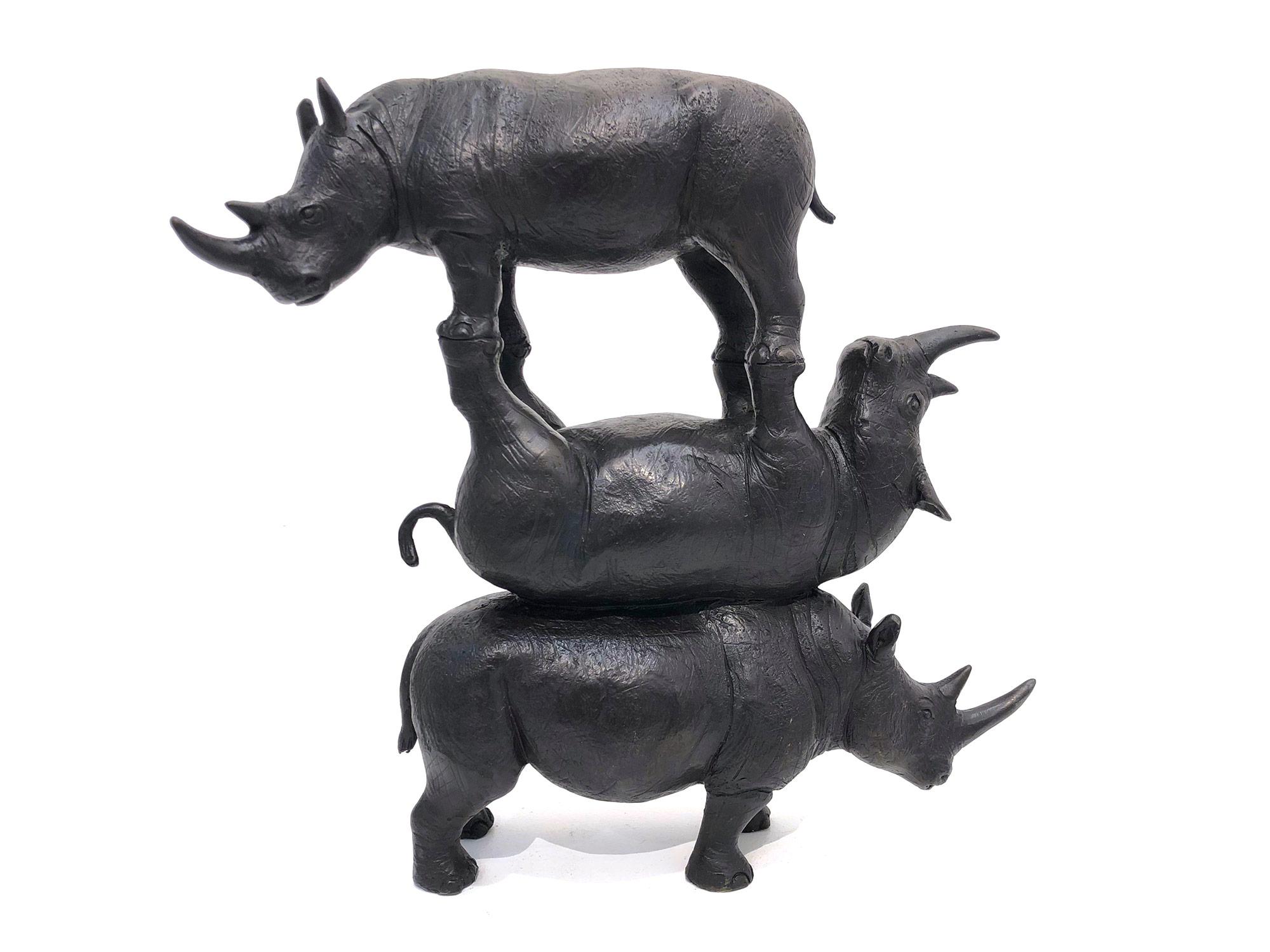 Gillie and Marc Schattner Figurative Sculpture - "The Last Three on Earth" Rhinoceros Bronze Sculpture with Deep Bronze Patina