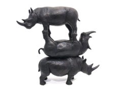 "The Last Three on Earth" Rhinoceros Bronze Sculpture with Deep Bronze Patina