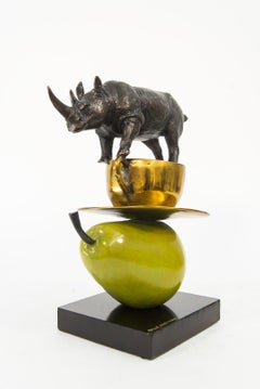 The Rhino Just Wanted A Coffee And A Pear Ed.2/13 - playful, bronze sculpture
