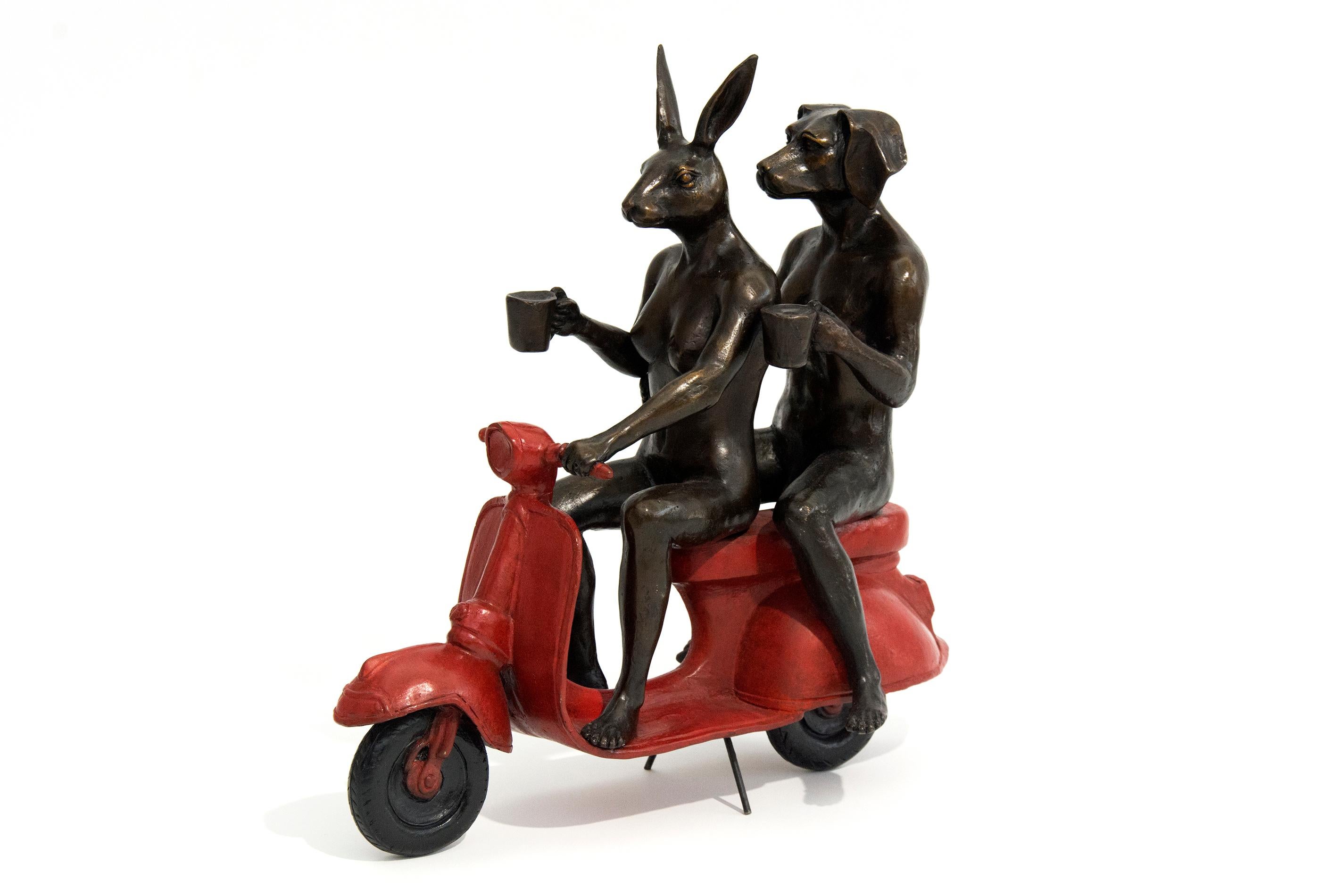 Gillie and Marc Schattner Figurative Sculpture - Their morning ride started with coffee and a kiss - playful, bronze sculpture