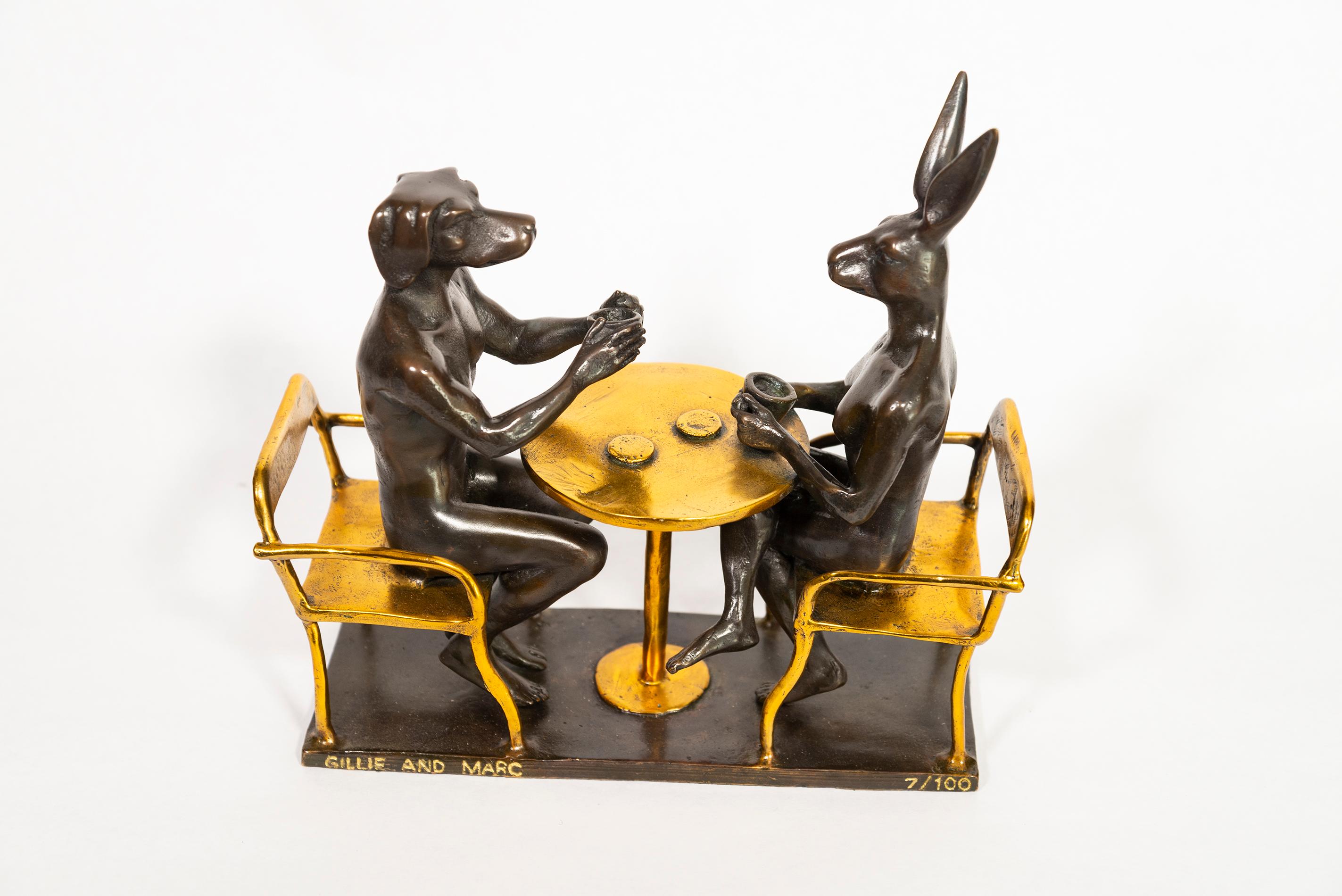 They drank coffee all day and all night 7/100 - figurative, bronze sculpture - Sculpture by Gillie and Marc Schattner