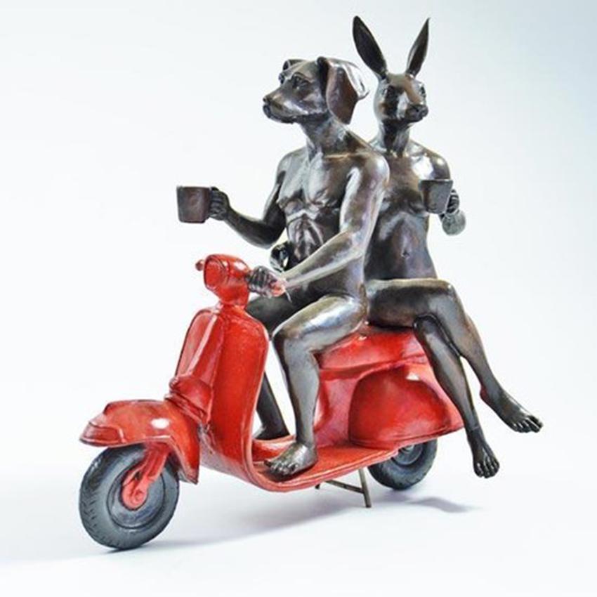 Gillie and Marc Schattner Figurative Sculpture - They Loved Coffee, Riding and Each Other