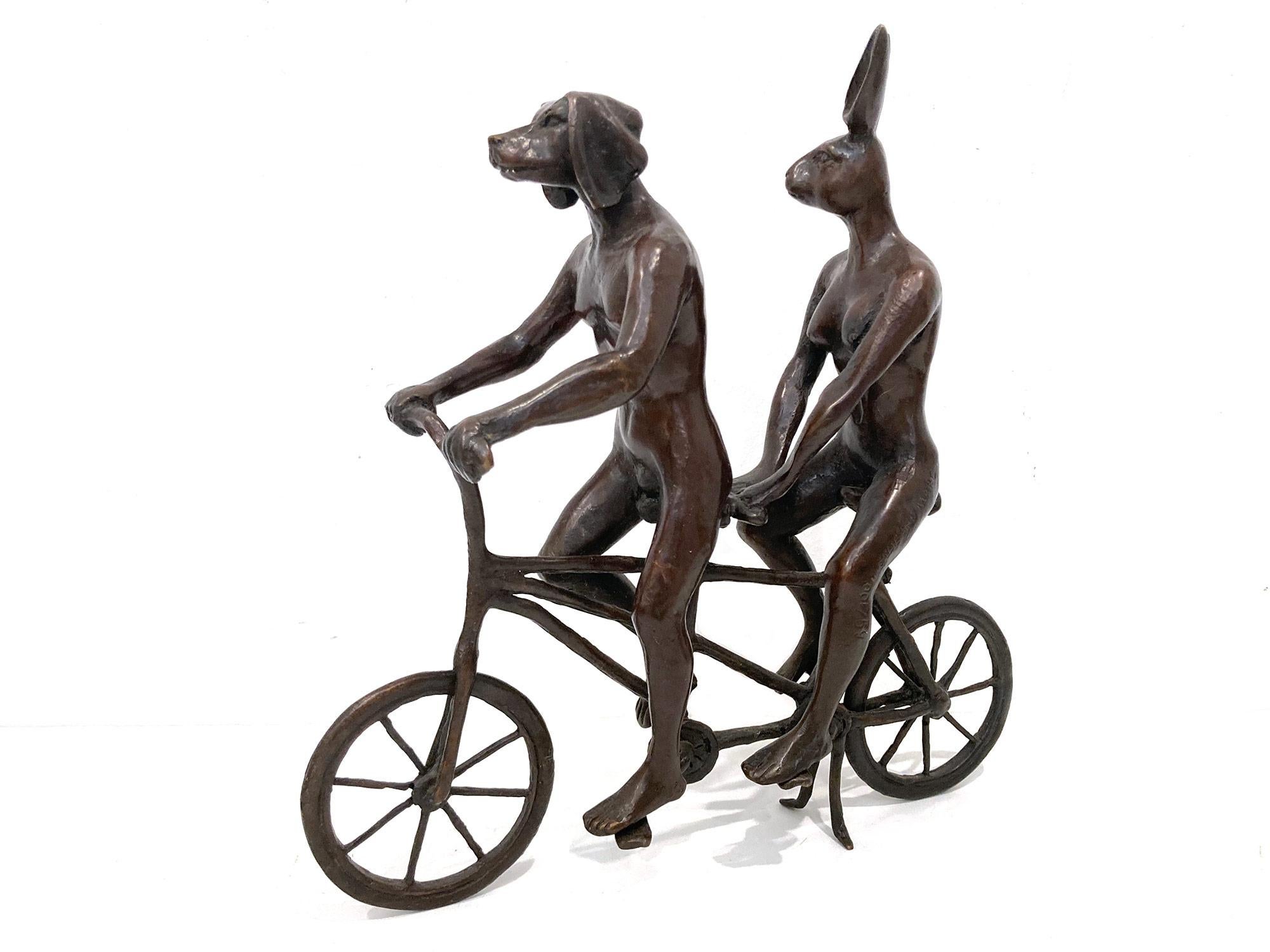 Gillie and Marc Schattner Figurative Sculpture - "They Loved Riding Together in Paris" Bicycle Sculpture with Deep Bronze Patina