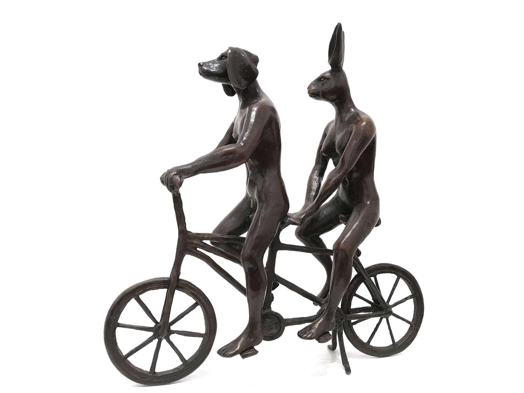 "They Loved Riding Together in Paris" Bicycle Sculpture with Deep Bronze Patina