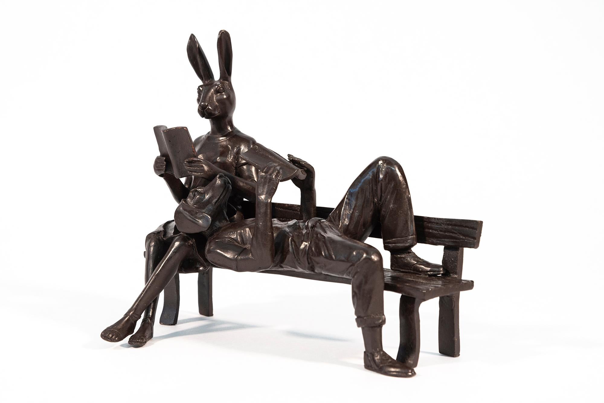 They only read love stories 20/50 - figurative, bronze sculpture - Gold Figurative Sculpture by Gillie and Marc Schattner