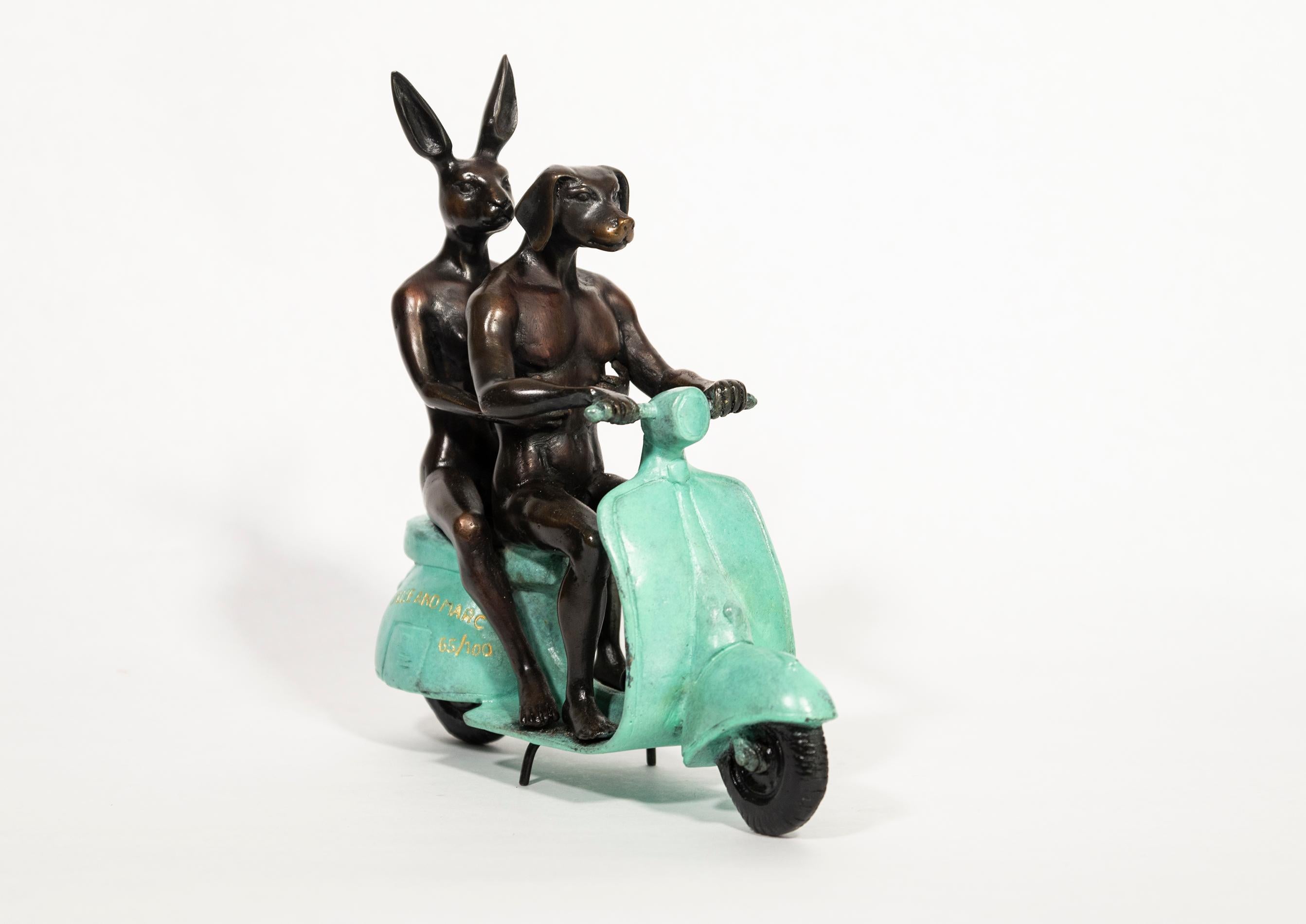They were authentic Vespa riders in Rome 65/100 - figurative, bronze sculpture - Sculpture by Gillie and Marc Schattner