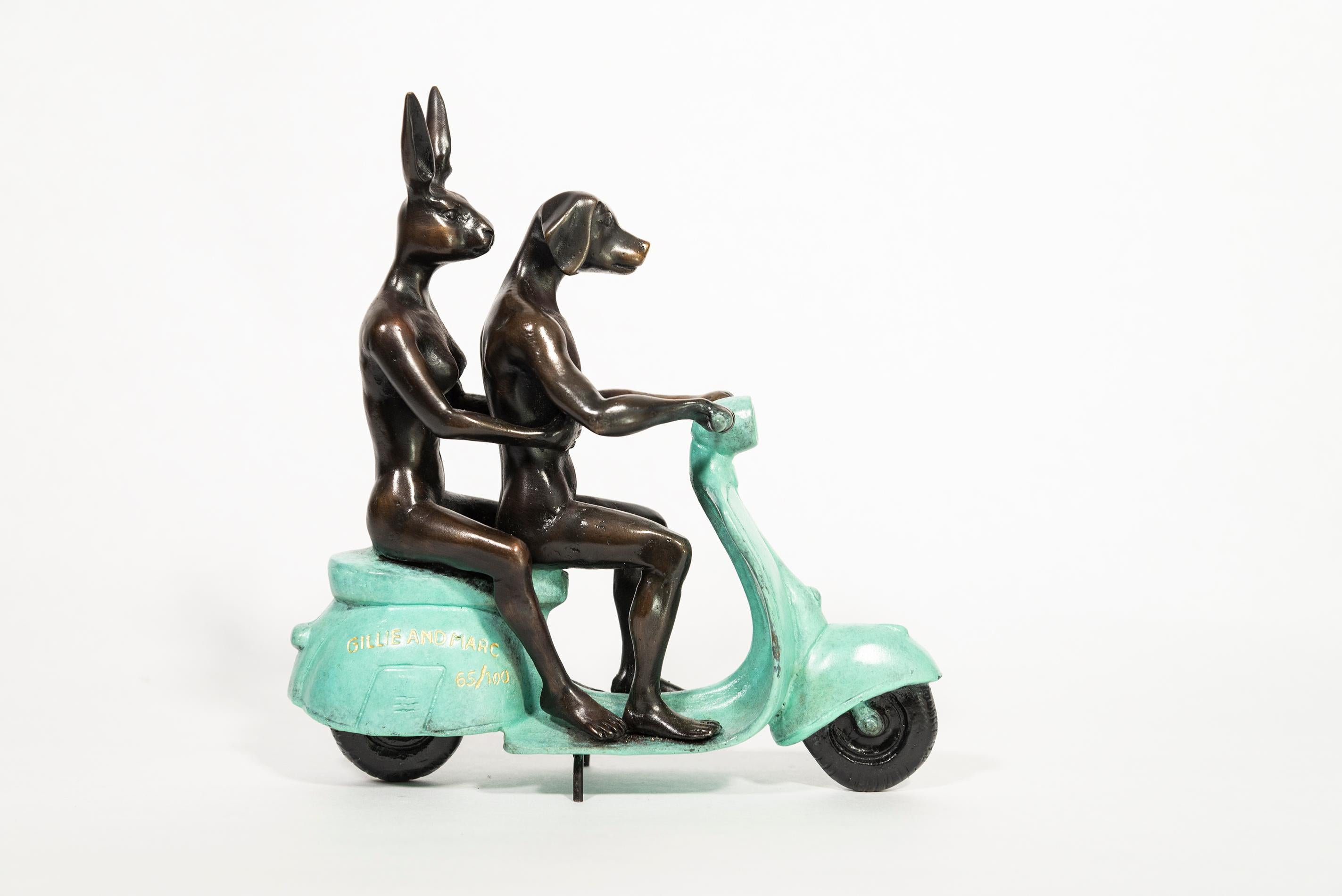 Gillie and Marc Schattner Figurative Sculpture - They were authentic Vespa riders in Rome 65/100 - figurative, bronze sculpture