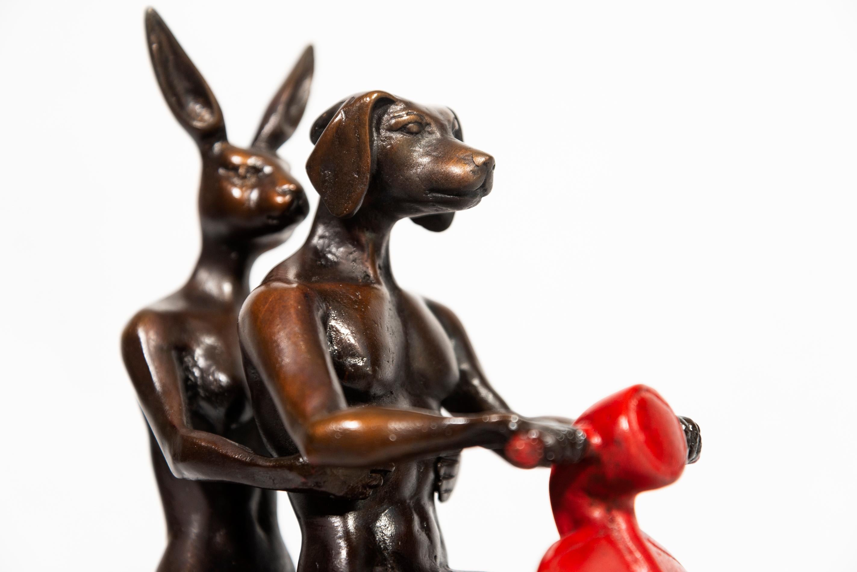 Australia’s Gillie and Marc, the contemporary artist duo continue to create their popular, humourous dogman, rabbit-woman hybrid imagery in this new bronze sculpture. The playful human/animal figures represent the spiritual connection between