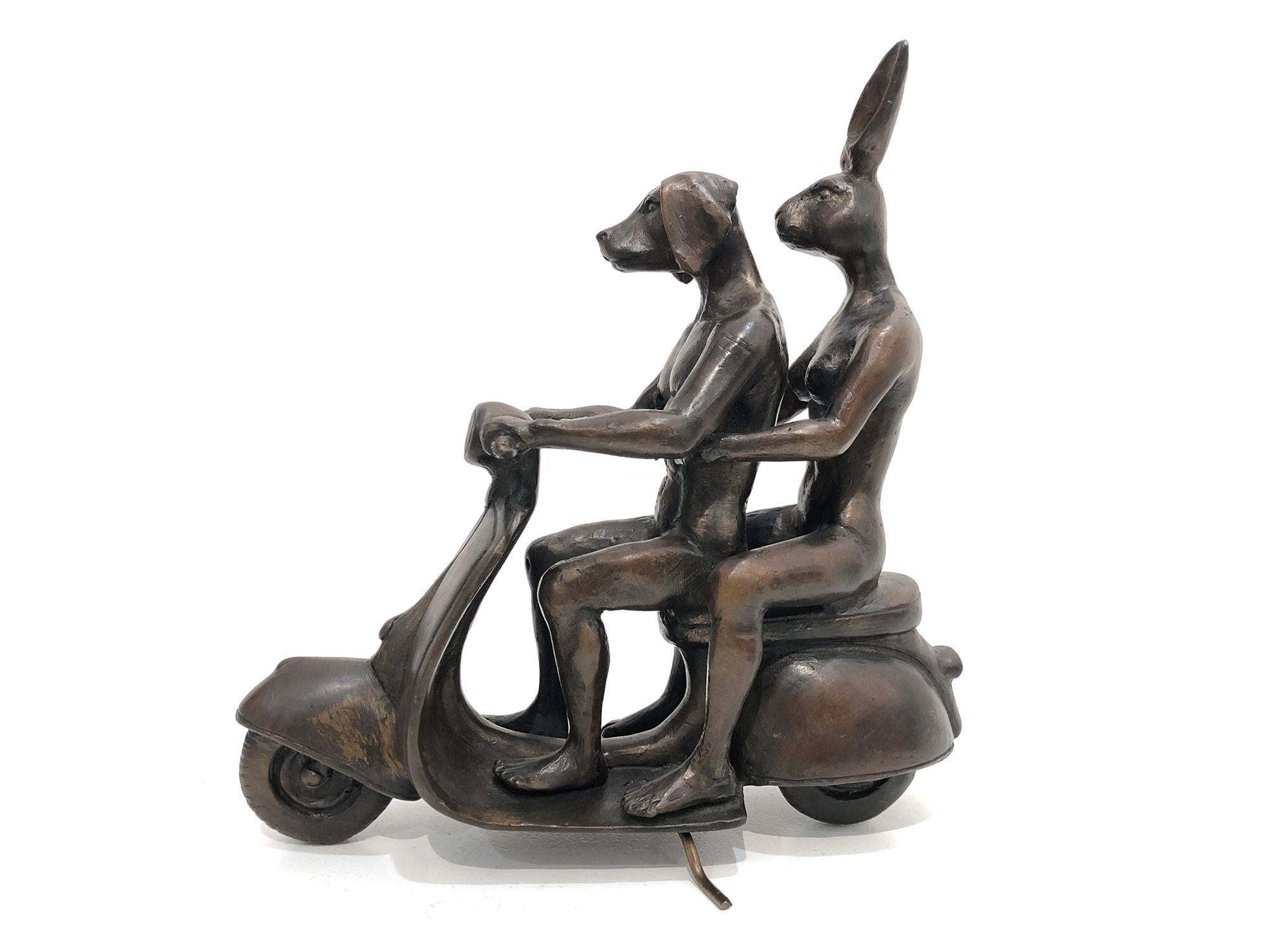 They were the Authentic Vespa Riders in Rome (Bronze with Deep Bronze Patina) - Sculpture by Gillie and Marc Schattner